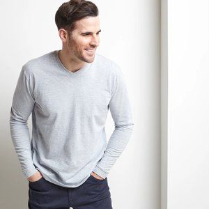 NWT $115 LEFT COAST TEE Light Blue & Gray Striped V-Neck Reno Pullover X…